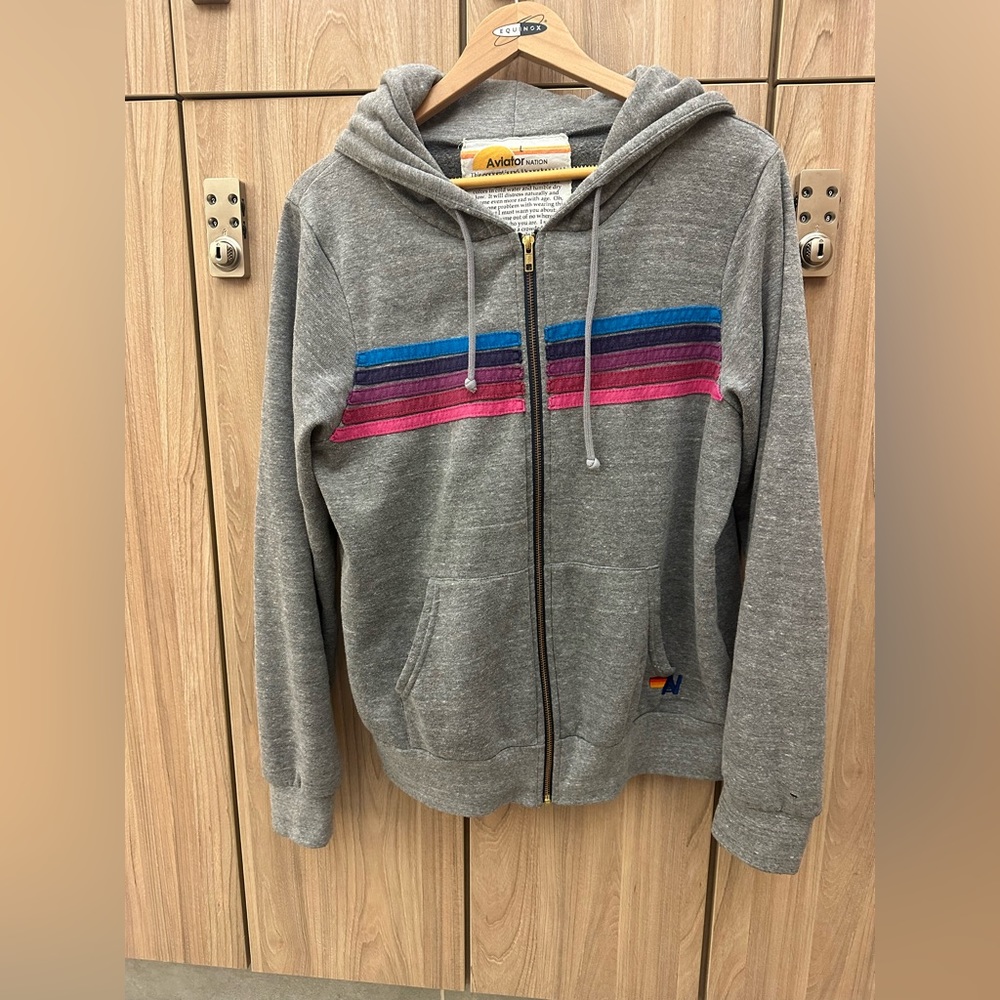 Aviator Nation LARGE women’s - rainbow stripe zipper sweatshirt.